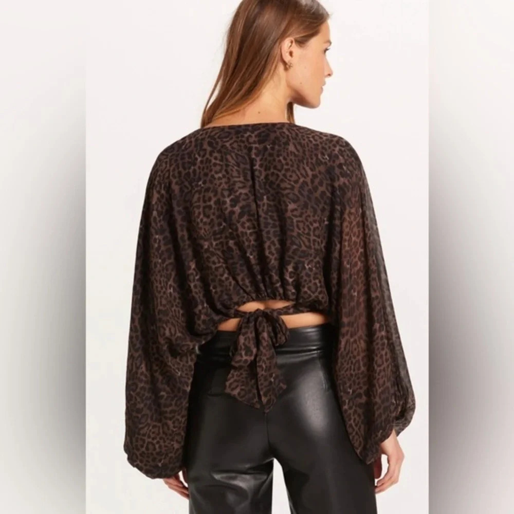 Kendall Lane Top Blouse Leopard Print Green Balloon Sleeve V-neck Sz S $285 Boho